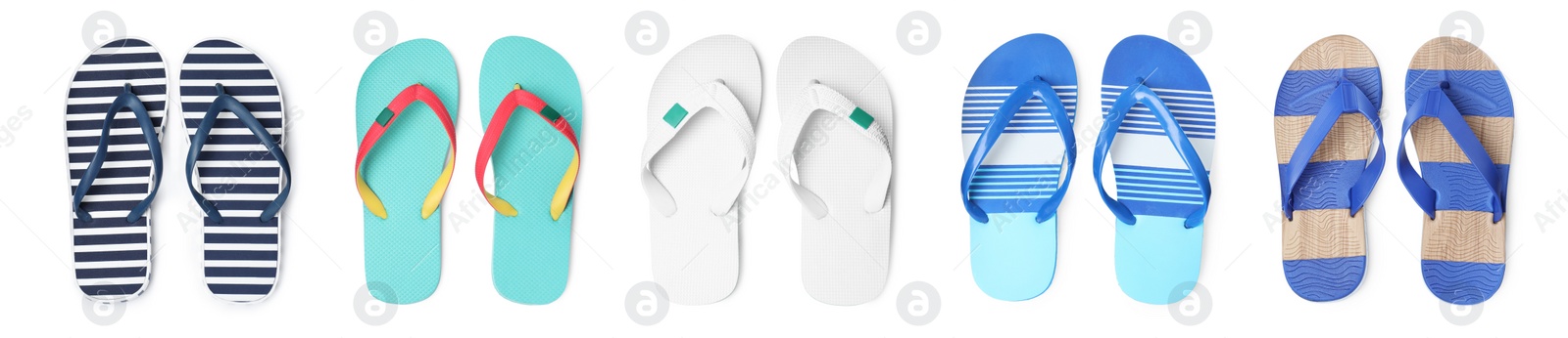 Image of Set with different flip flops on white background, top view. Banner design