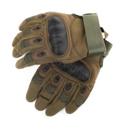 Photo of Tactical gloves on white background, top view. Military training equipment