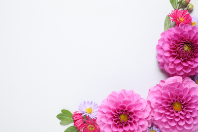 Photo of Flat lay composition with beautiful dahlia flowers and space for design on white background