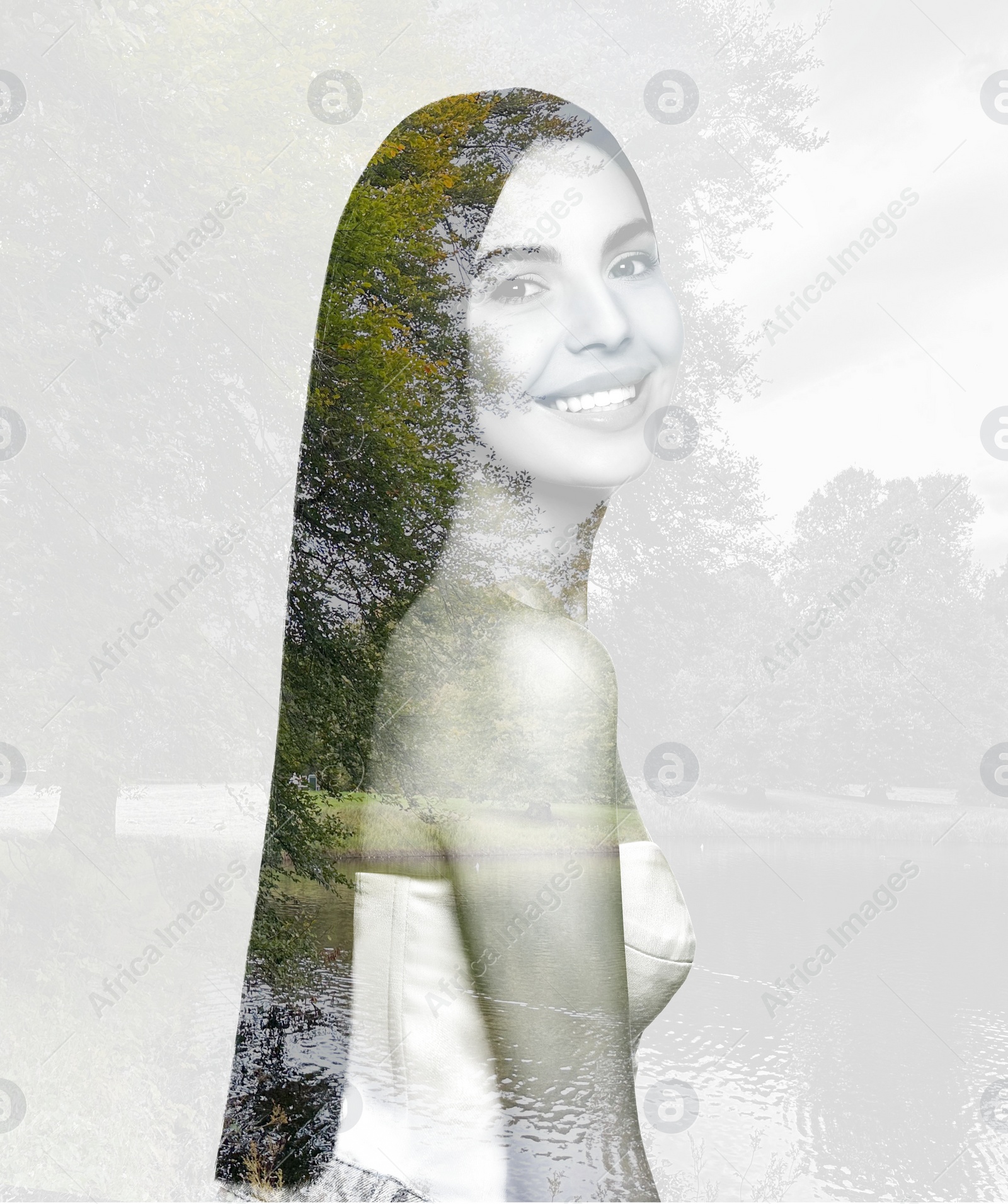 Image of Beautiful woman and picturesque landscape, double exposure