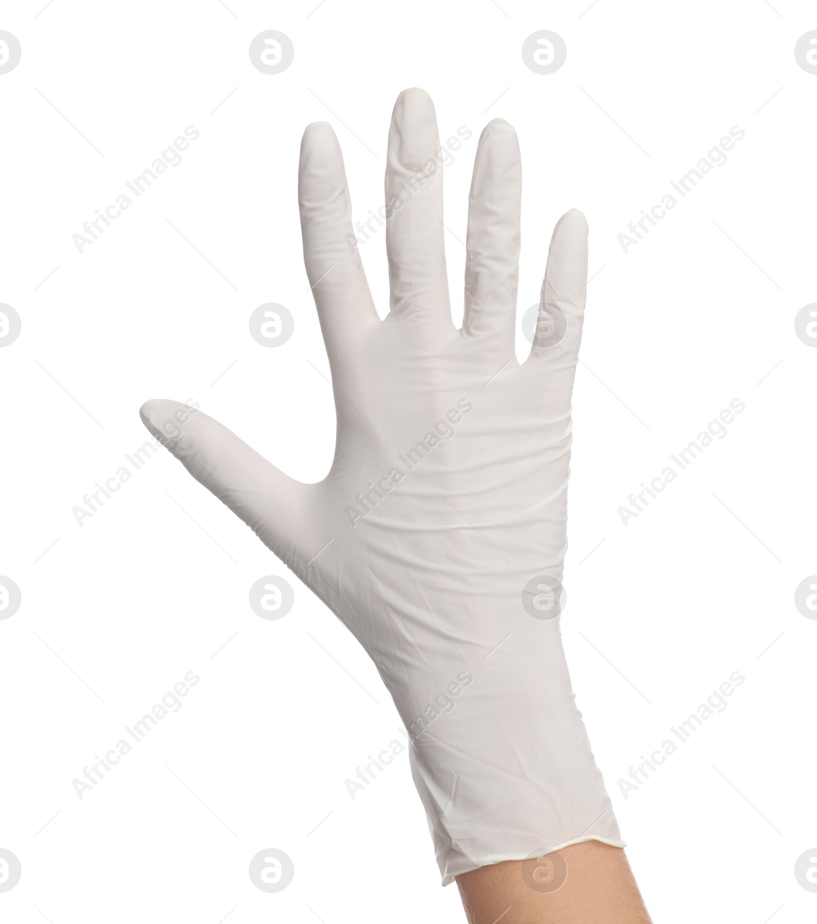 Photo of Doctor wearing medical gloves on white background, closeup