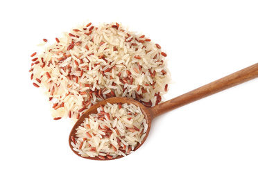 Photo of Mix of brown and polished rice with spoon isolated on white, top view