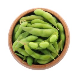 Bowl with green edamame pods on white background, top view