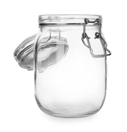 Photo of Empty glass jar on white background