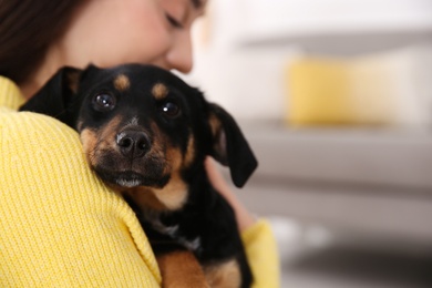 Photo of Woman with cute puppy indoors, closeup. Lovely pet