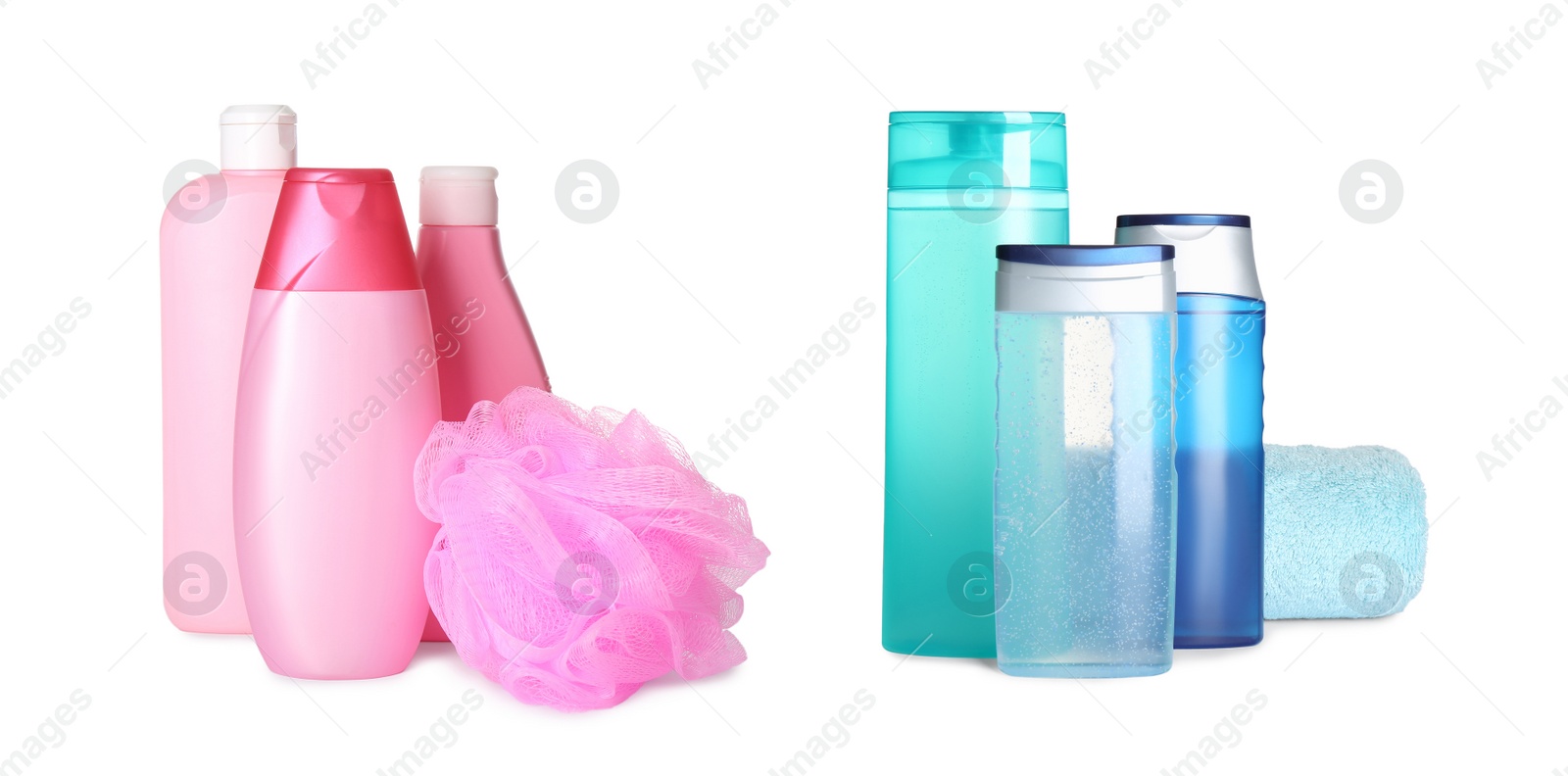 Image of Set with different shower gels on white background. Banner design