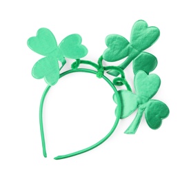 Photo of Stylish headband with green clover leaves isolated on white. Saint Patrick's Day accessory