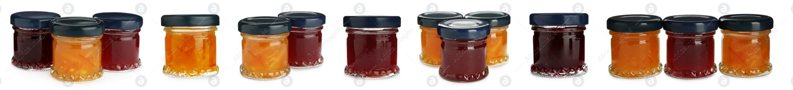 Image of Set with jars of different tasty jam on white background. Banner design 