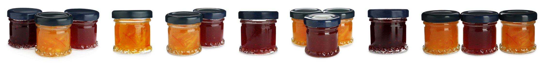 Image of Set with jars of different tasty jam on white background. Banner design 