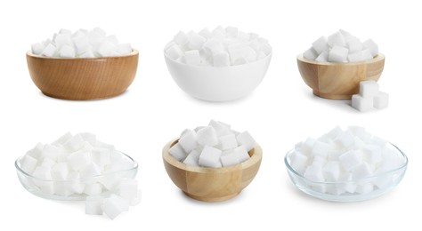 Image of Sugar cubes in bowls isolated on white, set