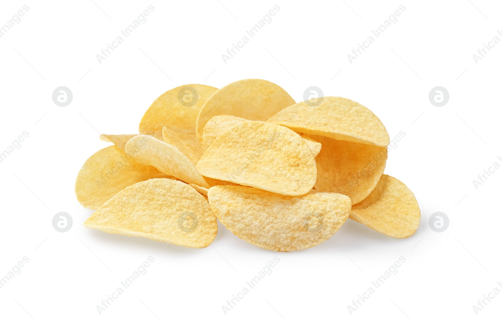 Photo of Heap of delicious potato chips on white background