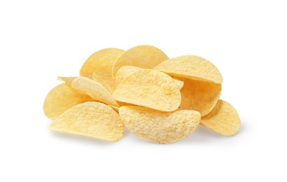 Photo of Heap of delicious potato chips on white background