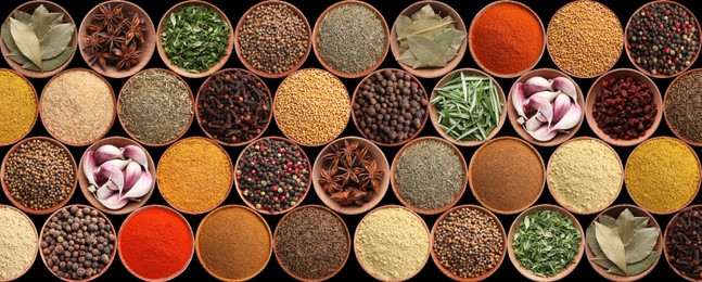 Collection of different aromatic spices and herbs on black background, flat lay. Banner design