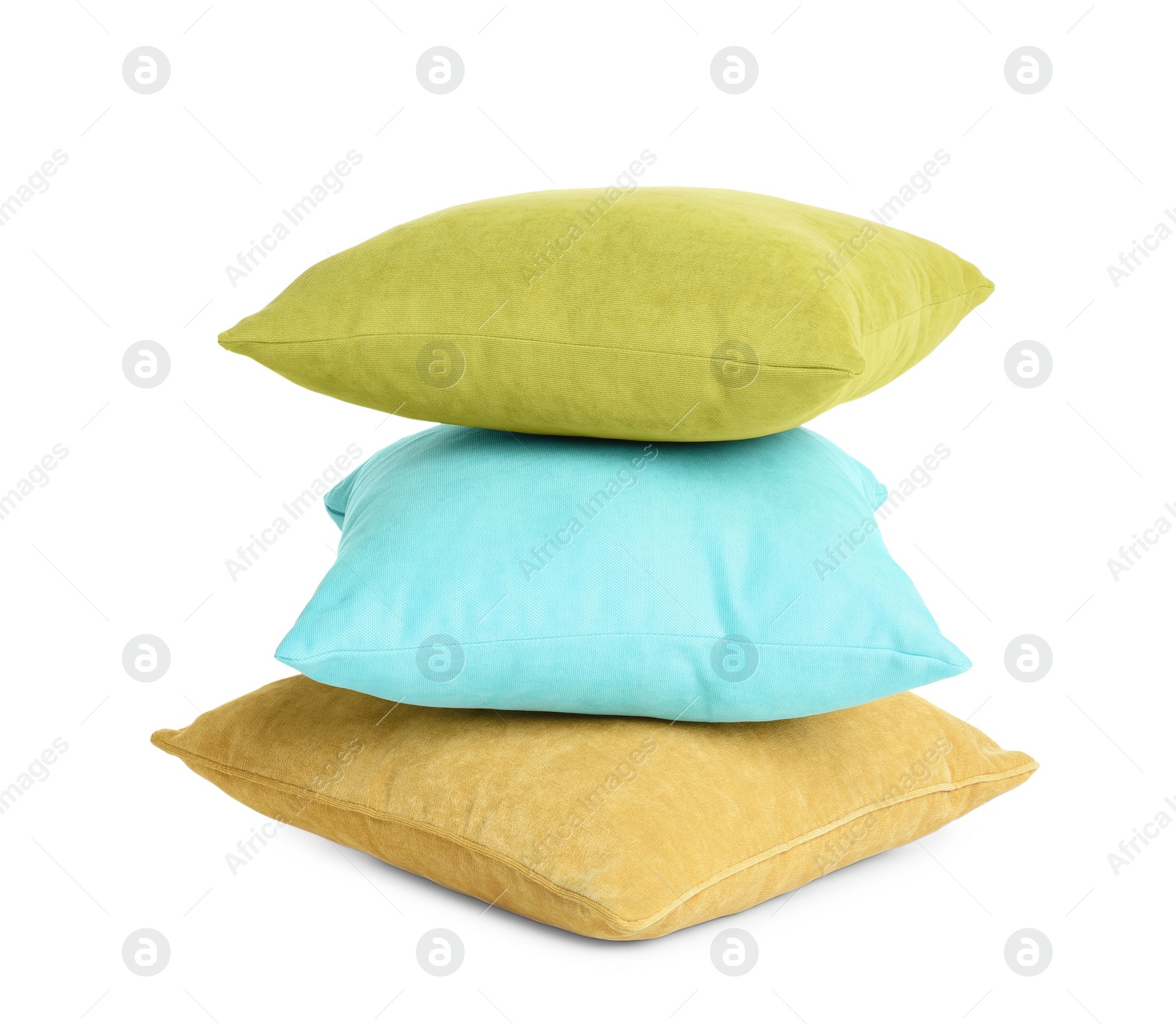 Photo of Stack of colorful decorative pillows on white background