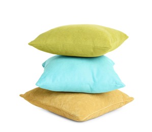 Stack of colorful decorative pillows on white background