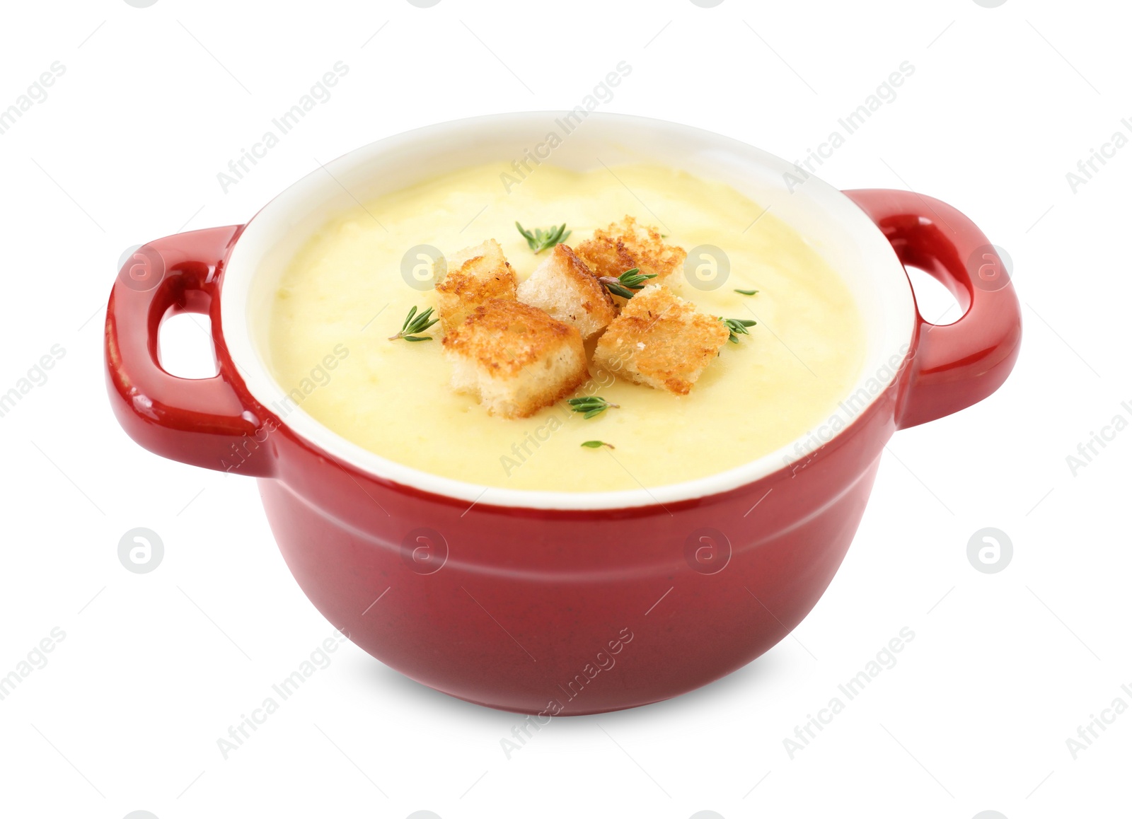 Photo of Tasty potato soup with croutons and rosemary in ceramic pot isolated on white