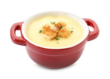 Photo of Tasty potato soup with croutons and rosemary in ceramic pot isolated on white