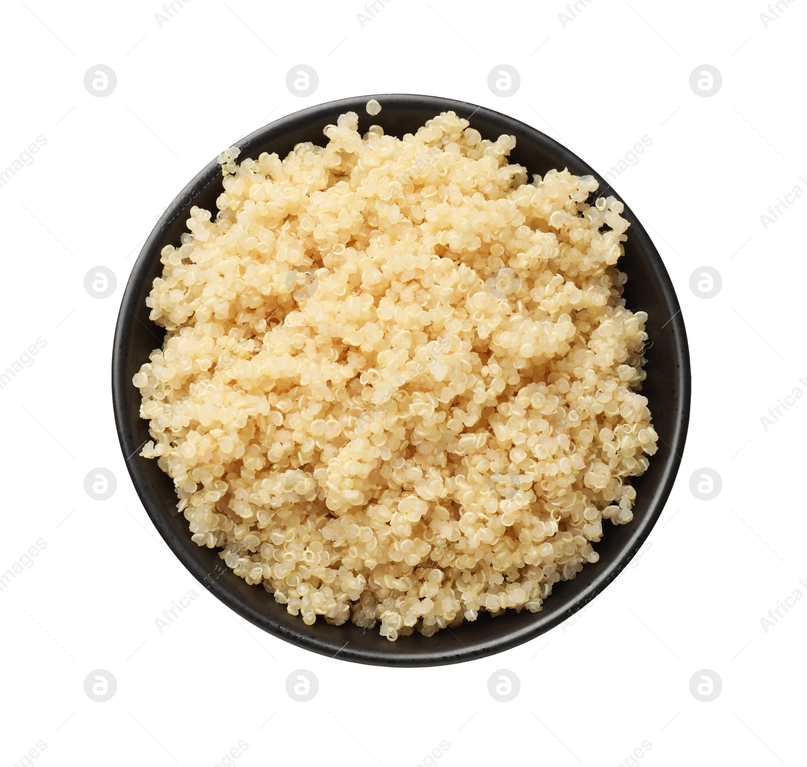 Photo of Tasty cooked quinoa in bowl isolated on white, top view