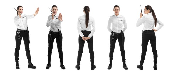 Collage of professional security guard on white background. Banner design