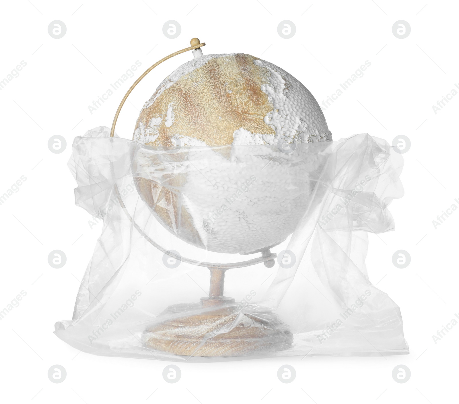 Photo of Globe in plastic bag isolated on white. Environmental protection concept