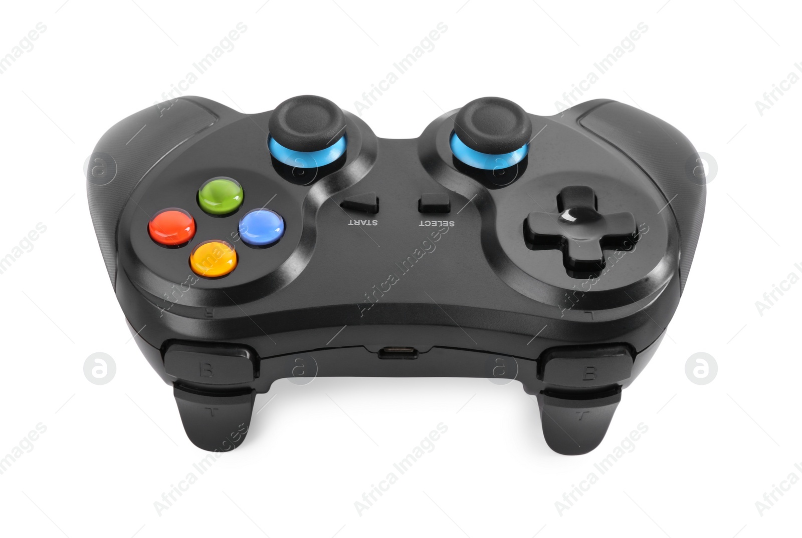 Photo of Black wireless controller on white background. Video game device