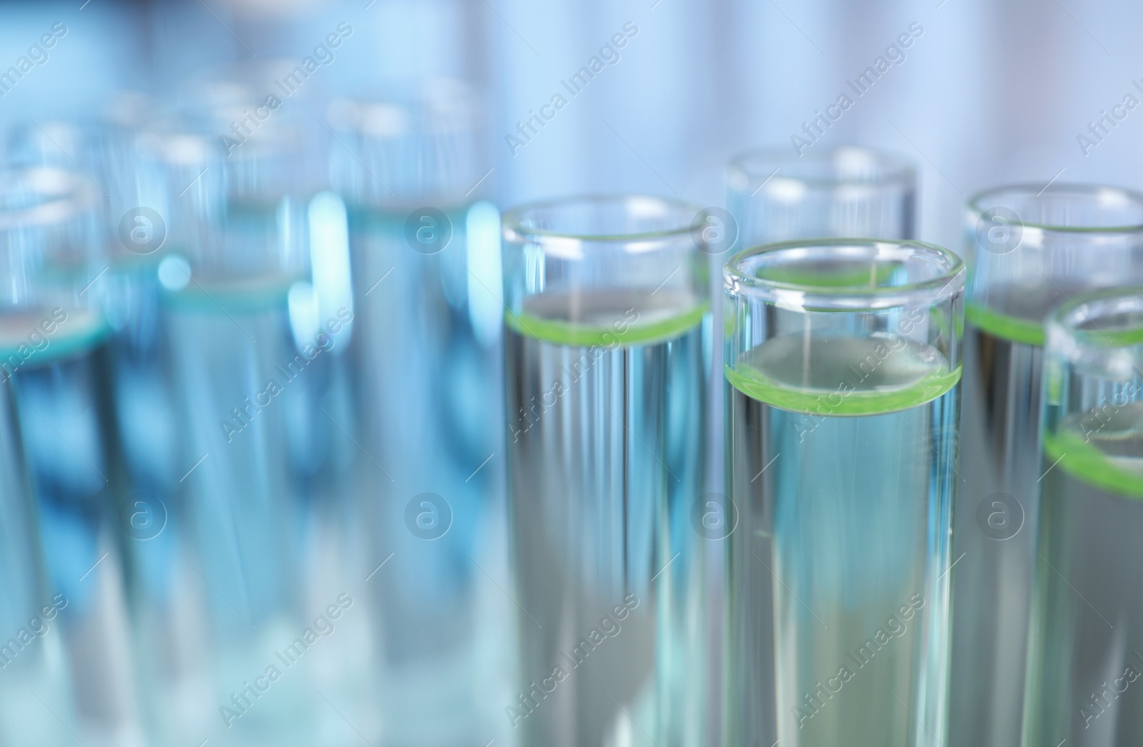 Photo of Test tubes with liquid on blurred background, space for text. Laboratory analysis