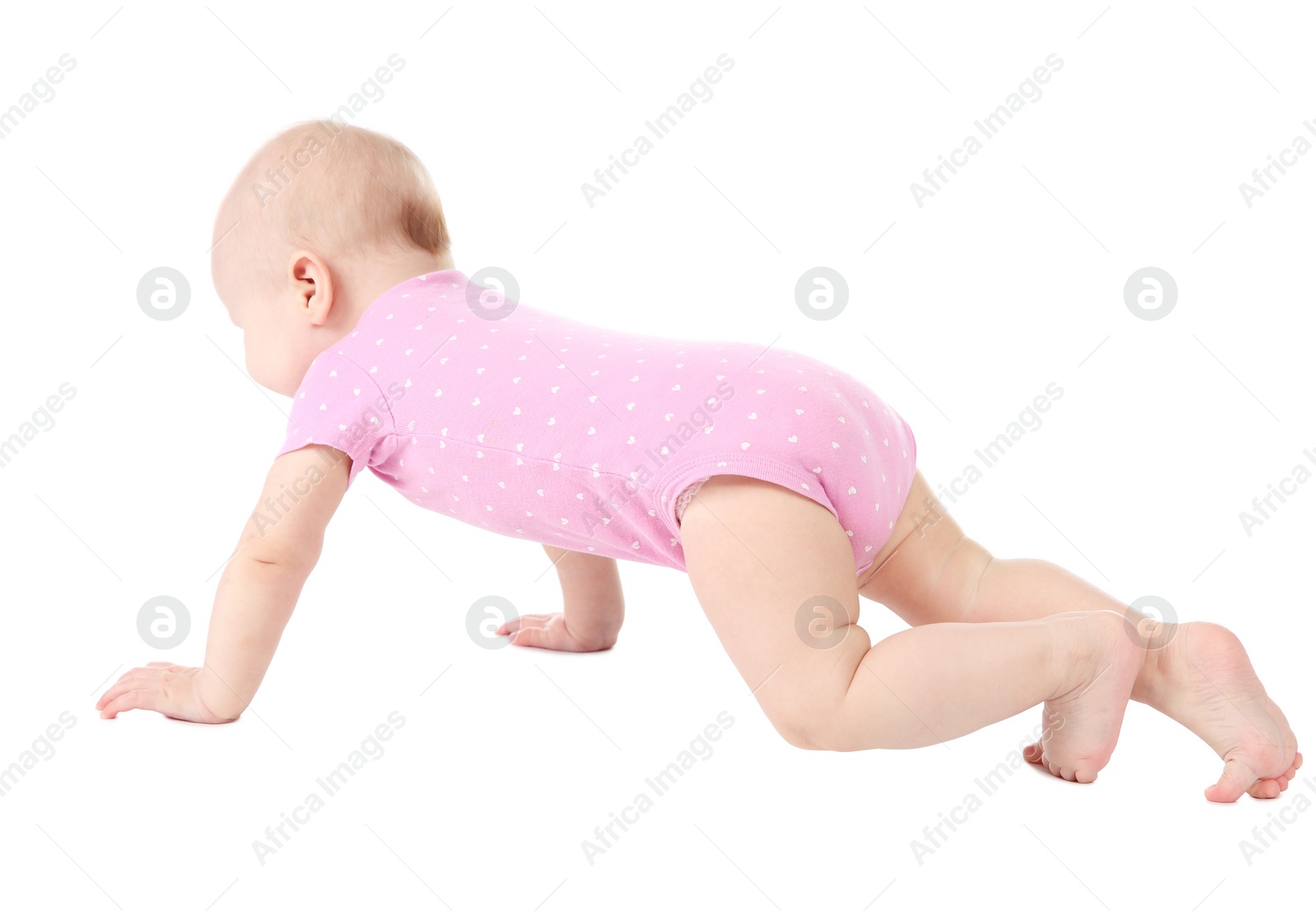 Photo of Cute little baby crawling on white background