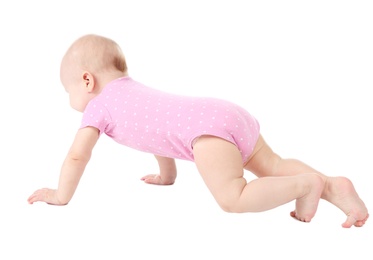 Photo of Cute little baby crawling on white background