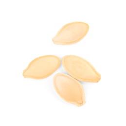 Photo of Raw unpeeled pumpkin seeds on white background, top view