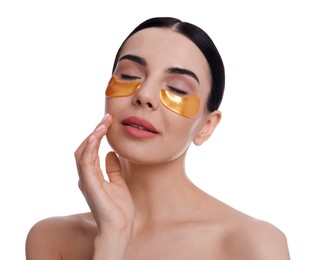 Photo of Beautiful young woman with under eye patches on white background