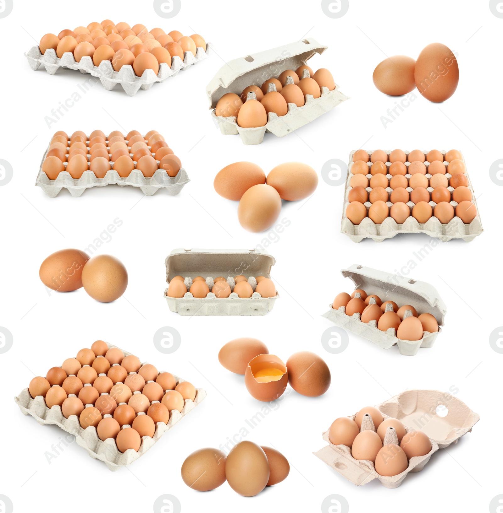 Image of Set of raw chicken eggs on white background