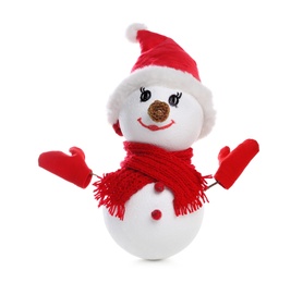 Photo of Decorative snowman with red hat, scarf and mittens isolated on white