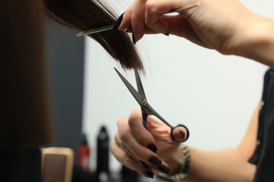 Professional hairdresser cutting woman's hair, closeup view