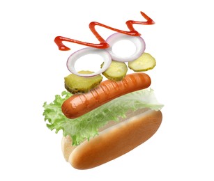 Image of Hot dog ingredients in air on white background