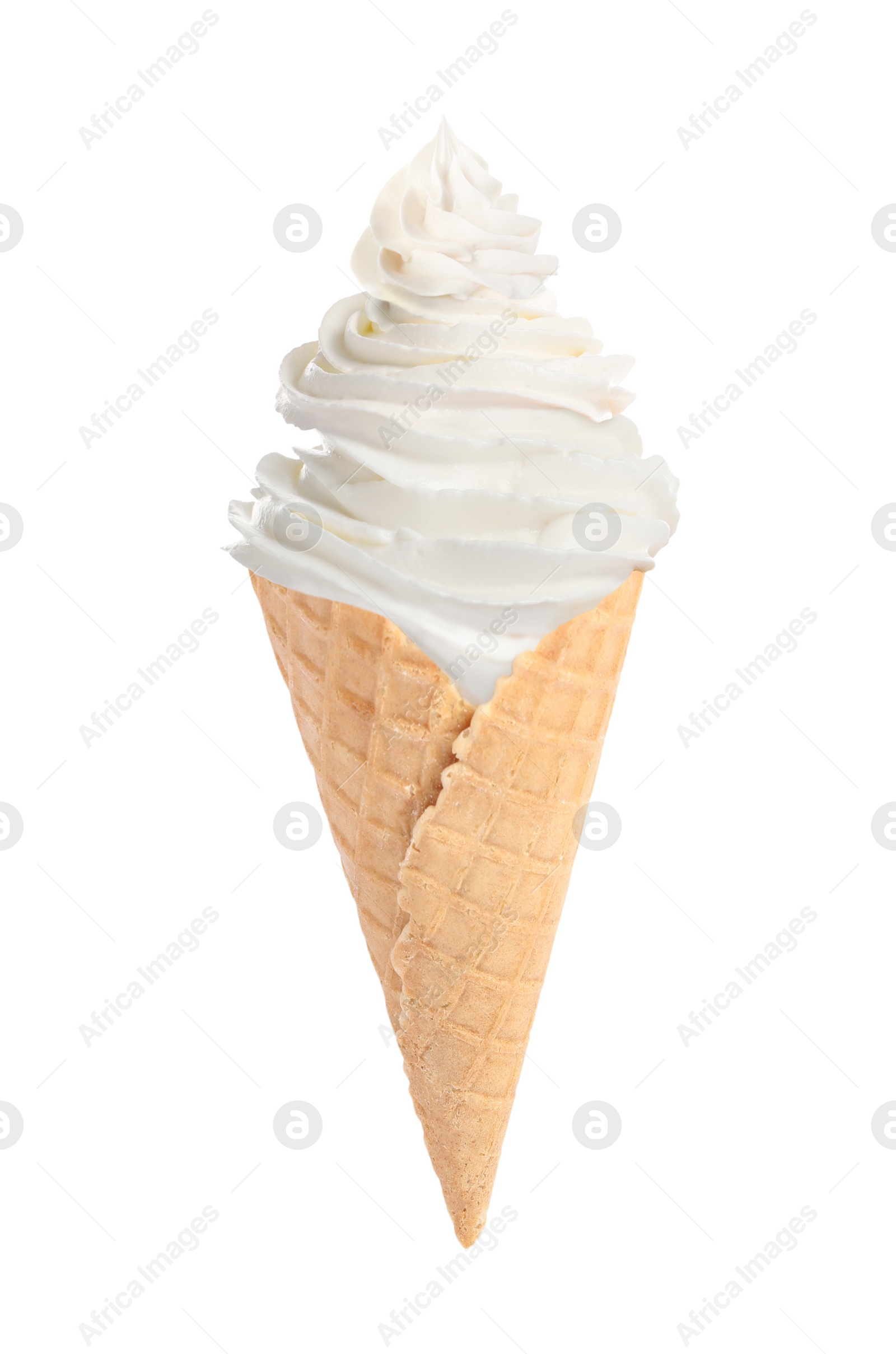 Image of Tasty ice cream in waffle cone isolated on white. Soft serve