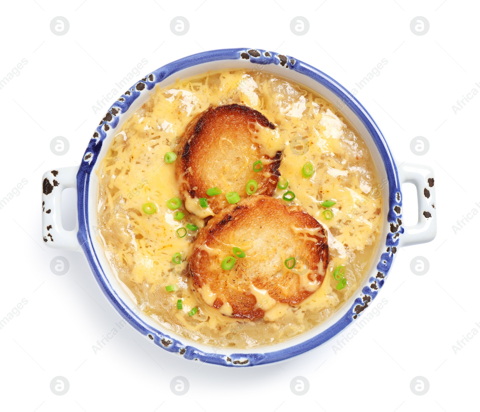 Photo of Tasty homemade french onion soup isolated on white, top view