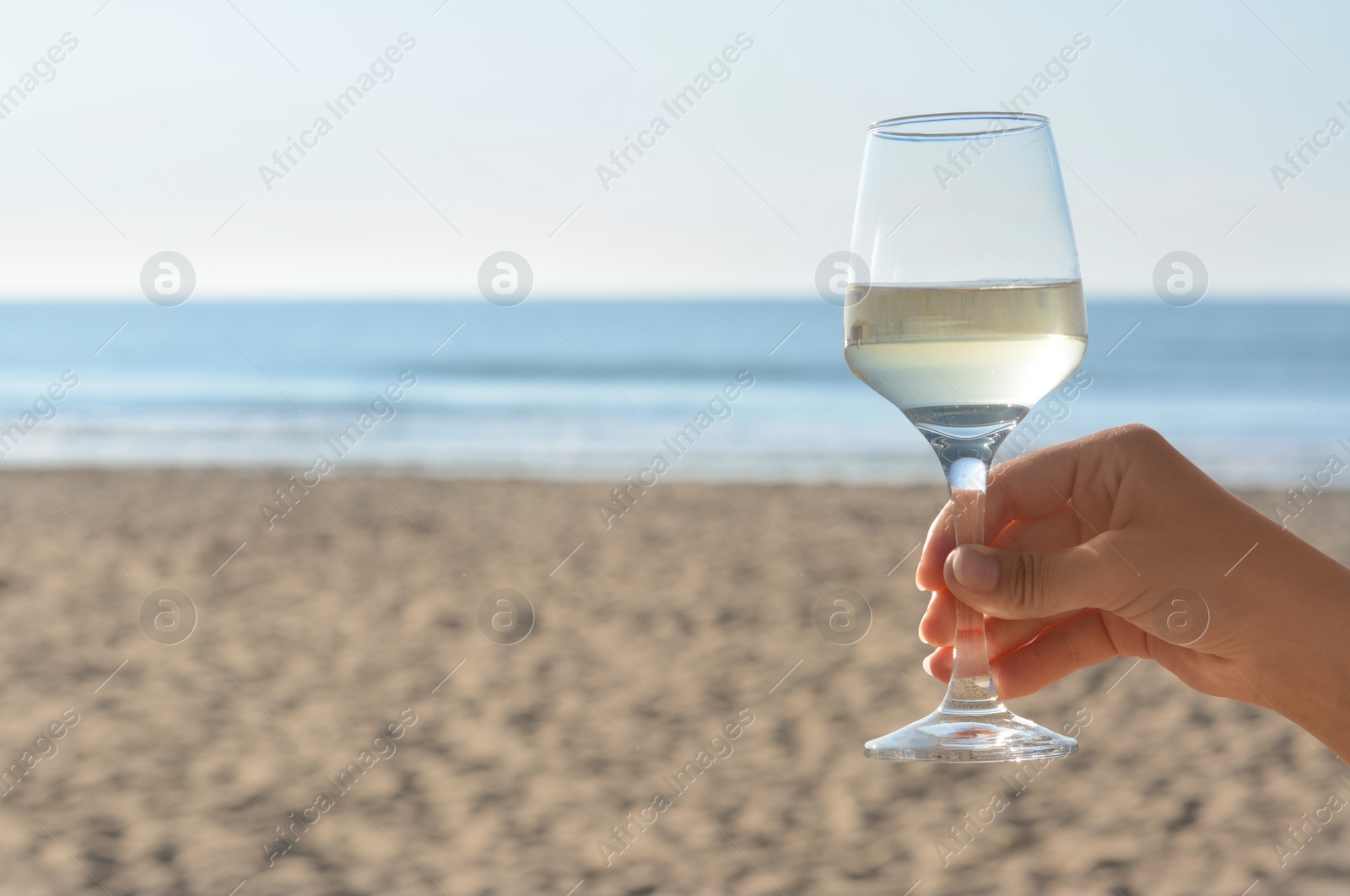 Photo of Woman with glass of tasty wine near sea, closeup. Space for text