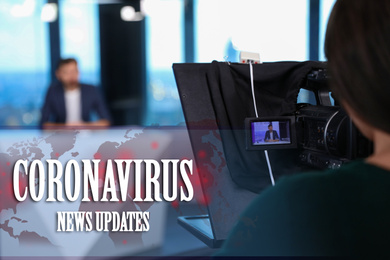 Image of Presenter and video camera operator working in studio. Coronavirus pandemic - latest updates