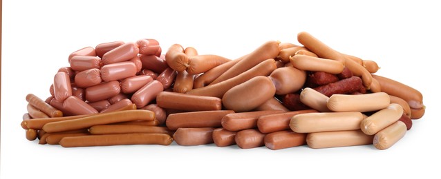 Many fresh raw sausages isolated on white. Meat product