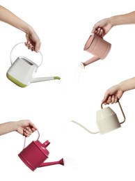Collage with photos of women holding different watering cans on white background, closeup
