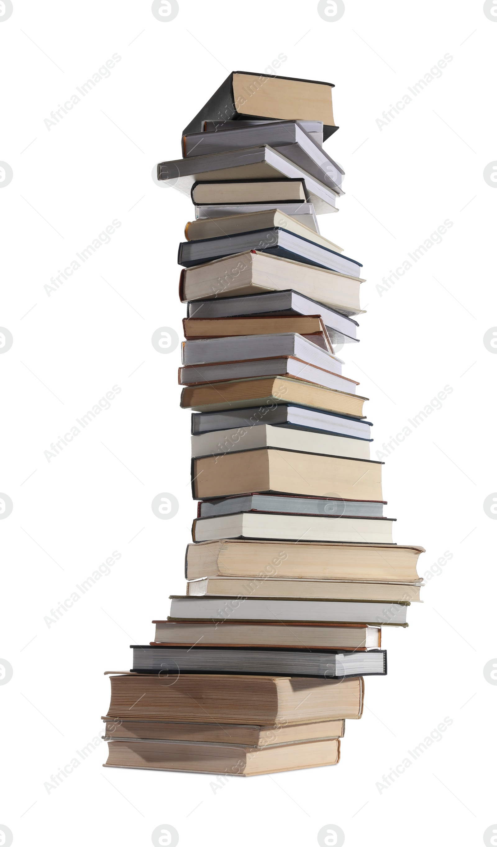 Photo of High stack of many different books isolated on white