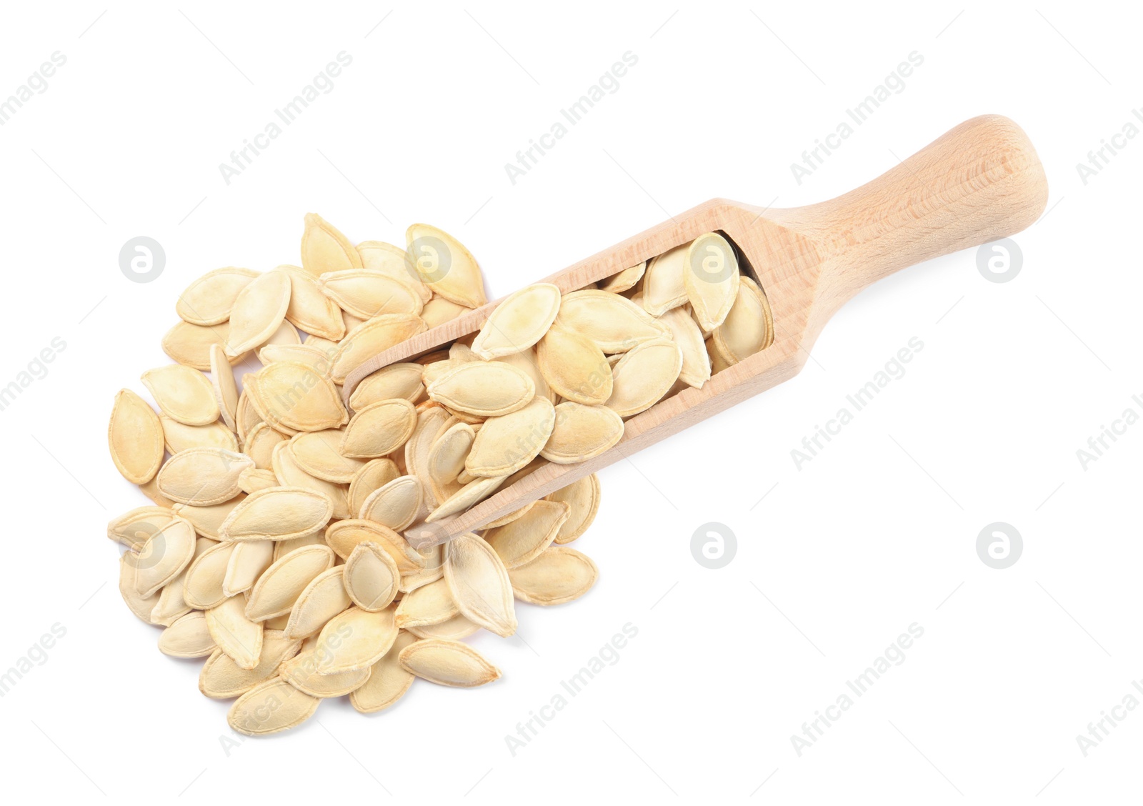 Photo of Wooden scoop with pumpkin seeds isolated on white, top view