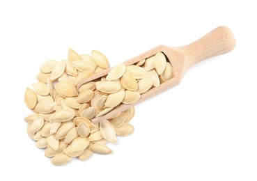 Wooden scoop with pumpkin seeds isolated on white, top view