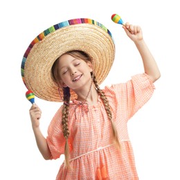 Cute girl in Mexican sombrero hat dancing with maracas on white background