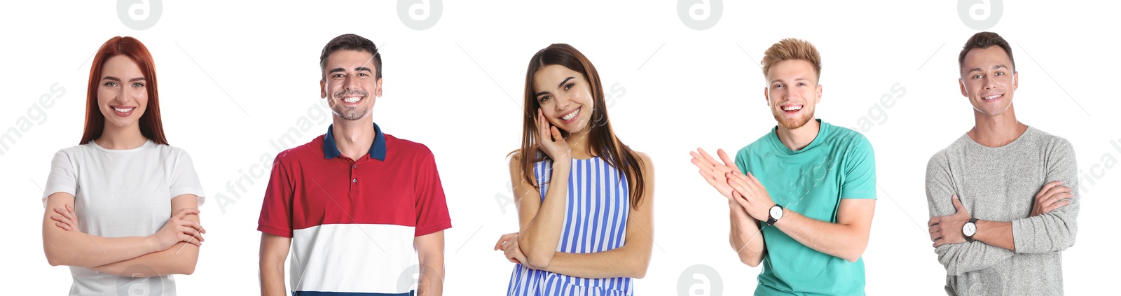 Image of Collage with portraits of happy people on white background