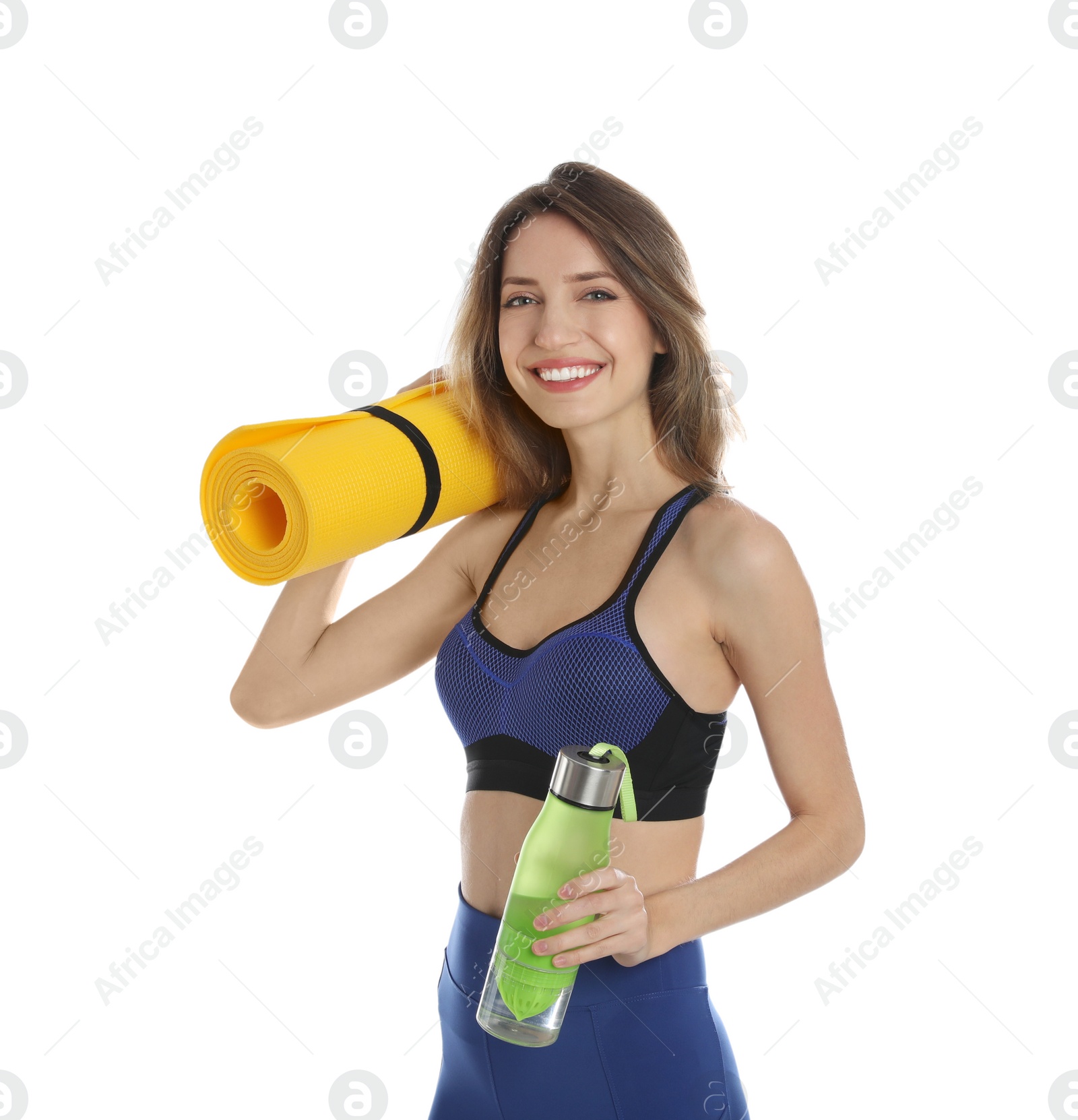 Photo of Beautiful woman with yoga mat and bottle of water on white background