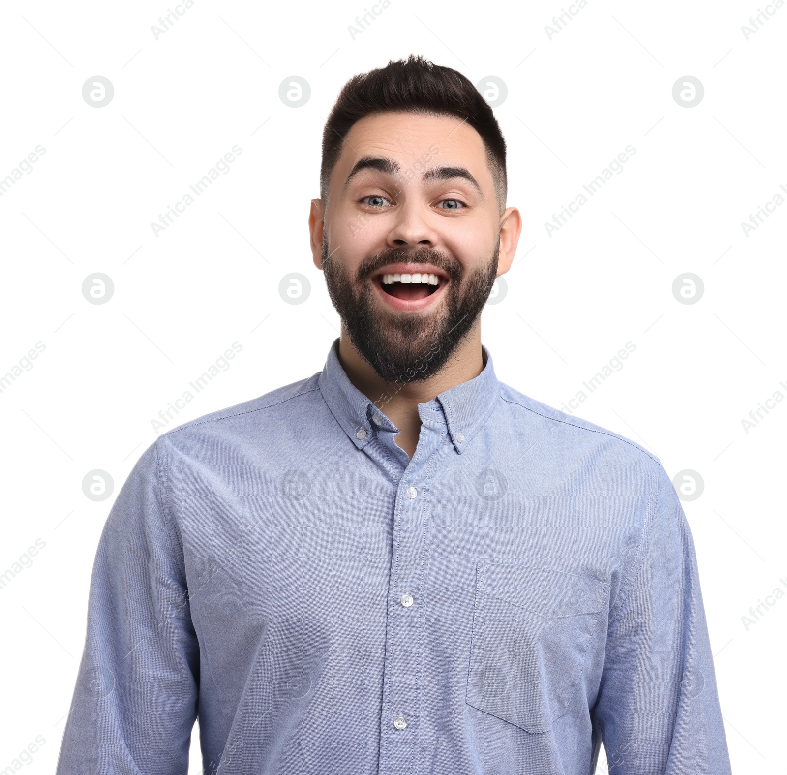 Photo of Portrait of smiling young man on white background