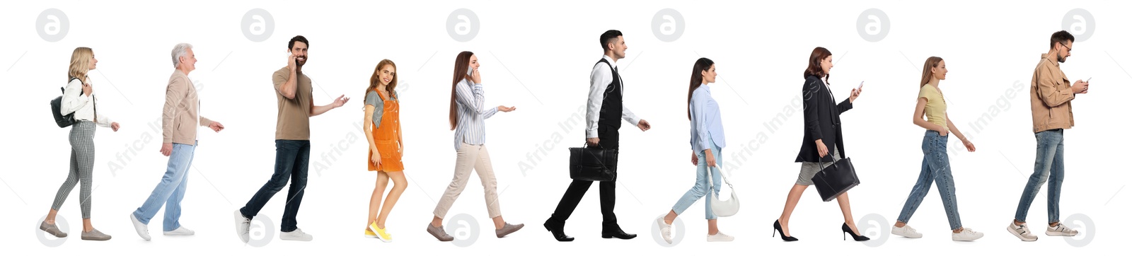 Image of Collage with photos of people wearing stylish outfit walking on white background. Banner design