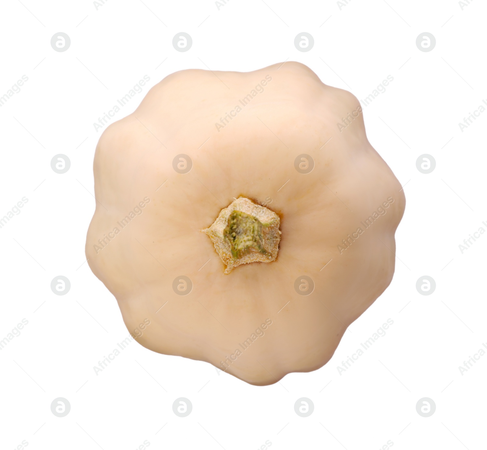 Photo of One ripe beige pumpkin isolated on white, top view