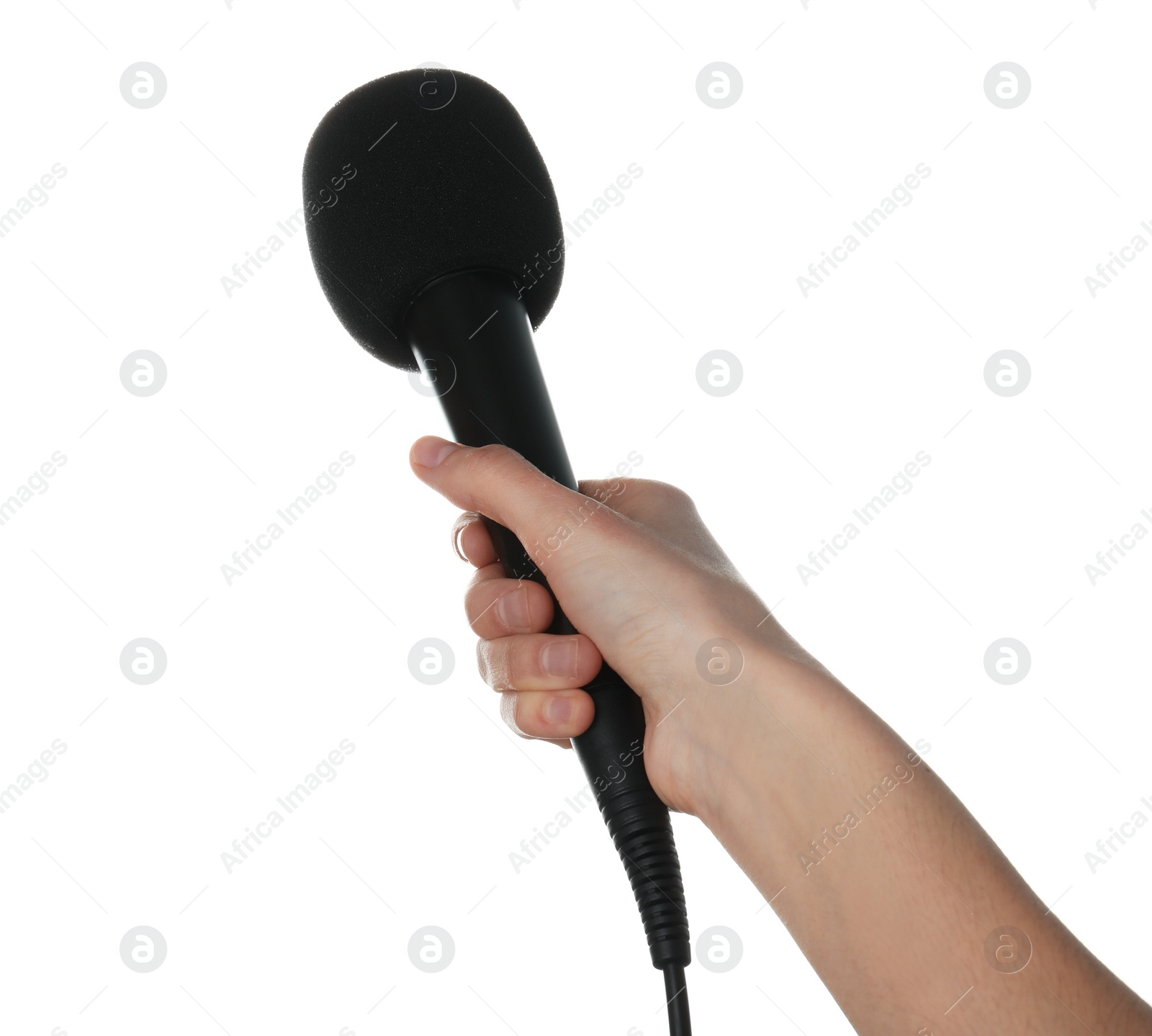 Photo of Woman holding microphone on white background, closeup